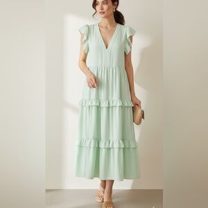 Amanda Uprichard Chamonille Tiered Midi Dress XS Green Short Ruffle Sleeve EUC